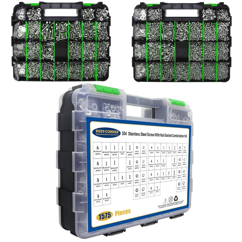 BUSY-CORNER 1575 PCS Nuts and Bolts Assortment Kit, Stainless Steel Phillips Pan Head & Flat Head Screws, Assorted Nuts Bolts Washers with Green Double Sided Organizer Box - Image 2